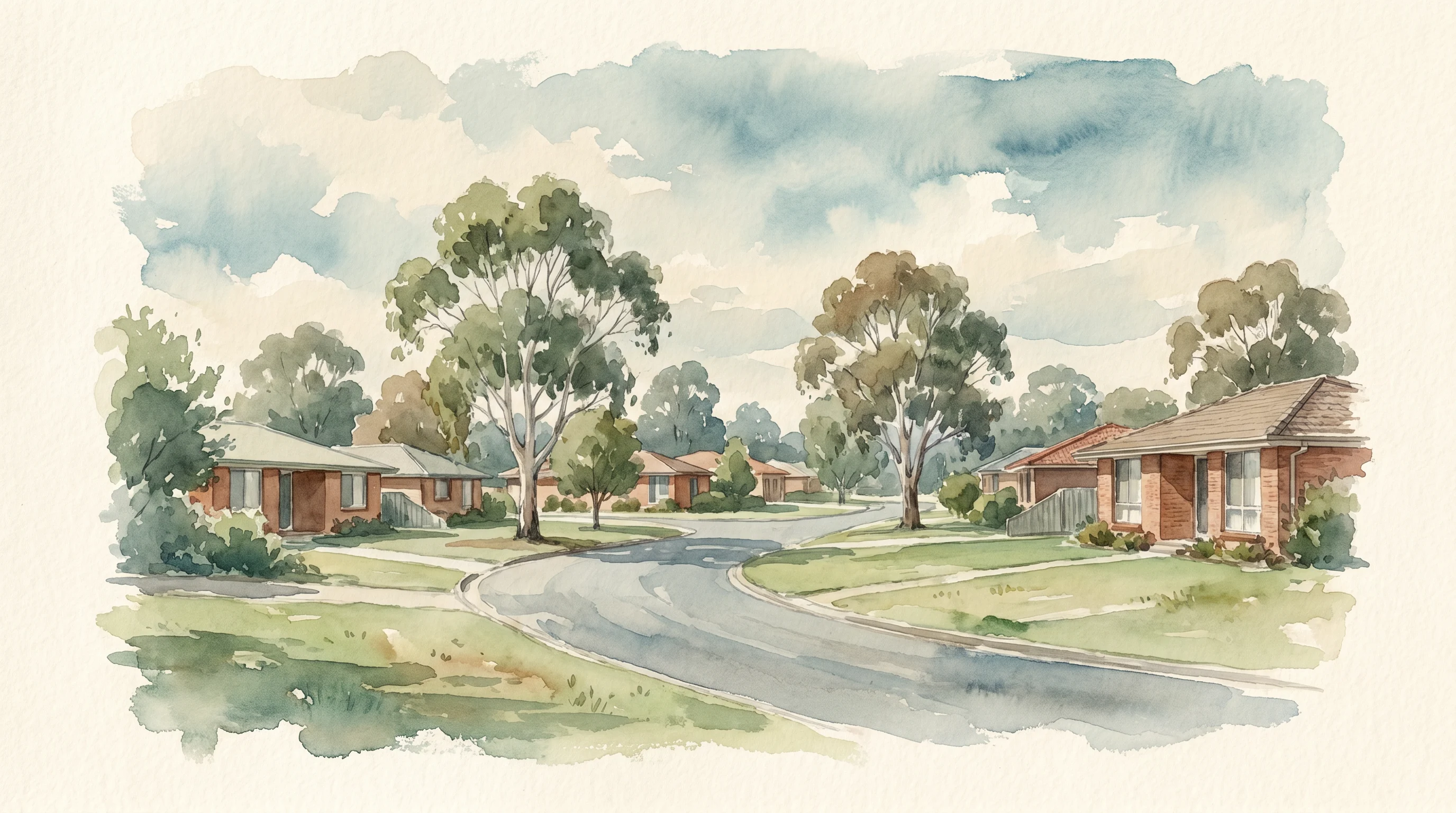 A watercolour of Bligh Park in the Hawkesbury — its streets, river flats and access