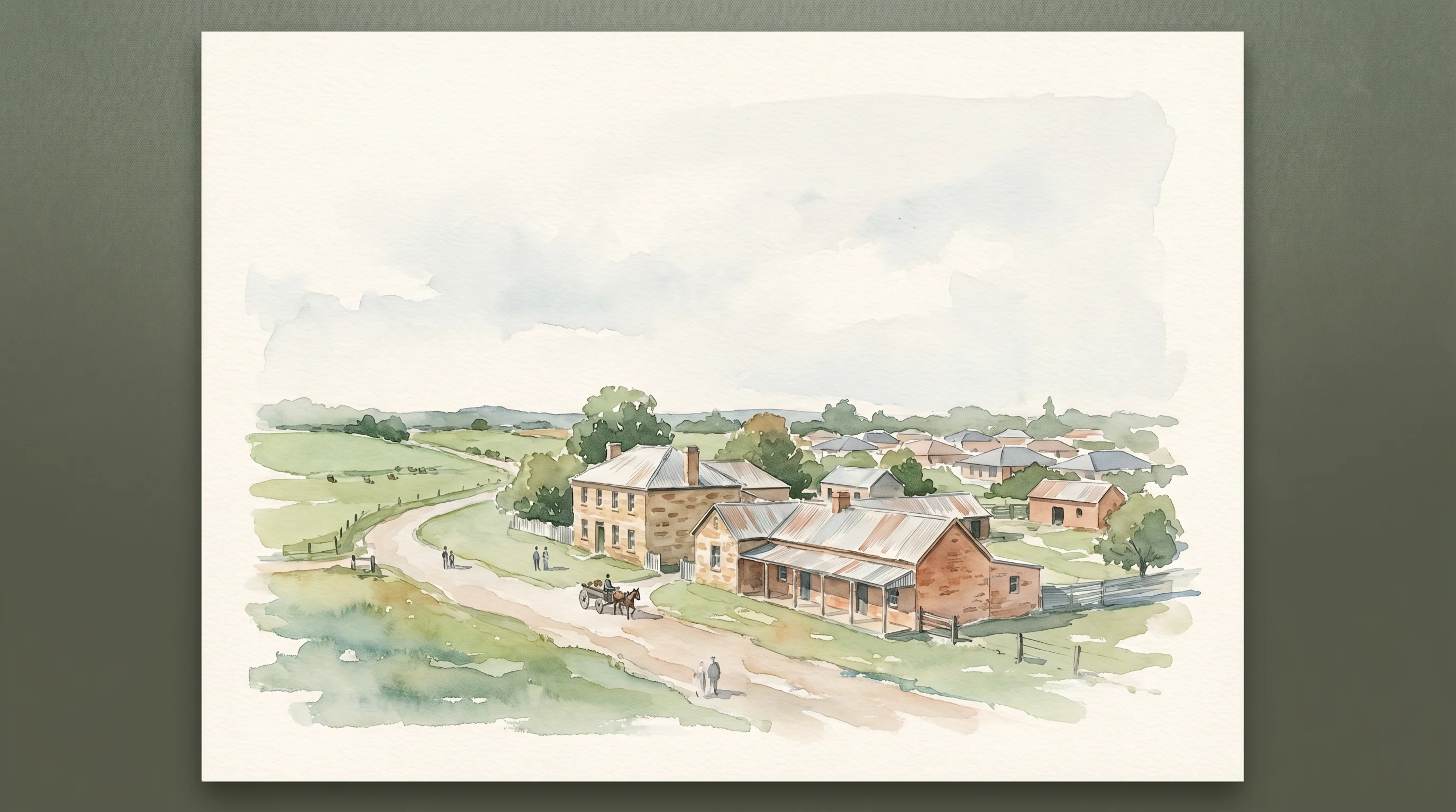 A watercolour of Pitt Town in the Hawkesbury — its streets, river flats and access